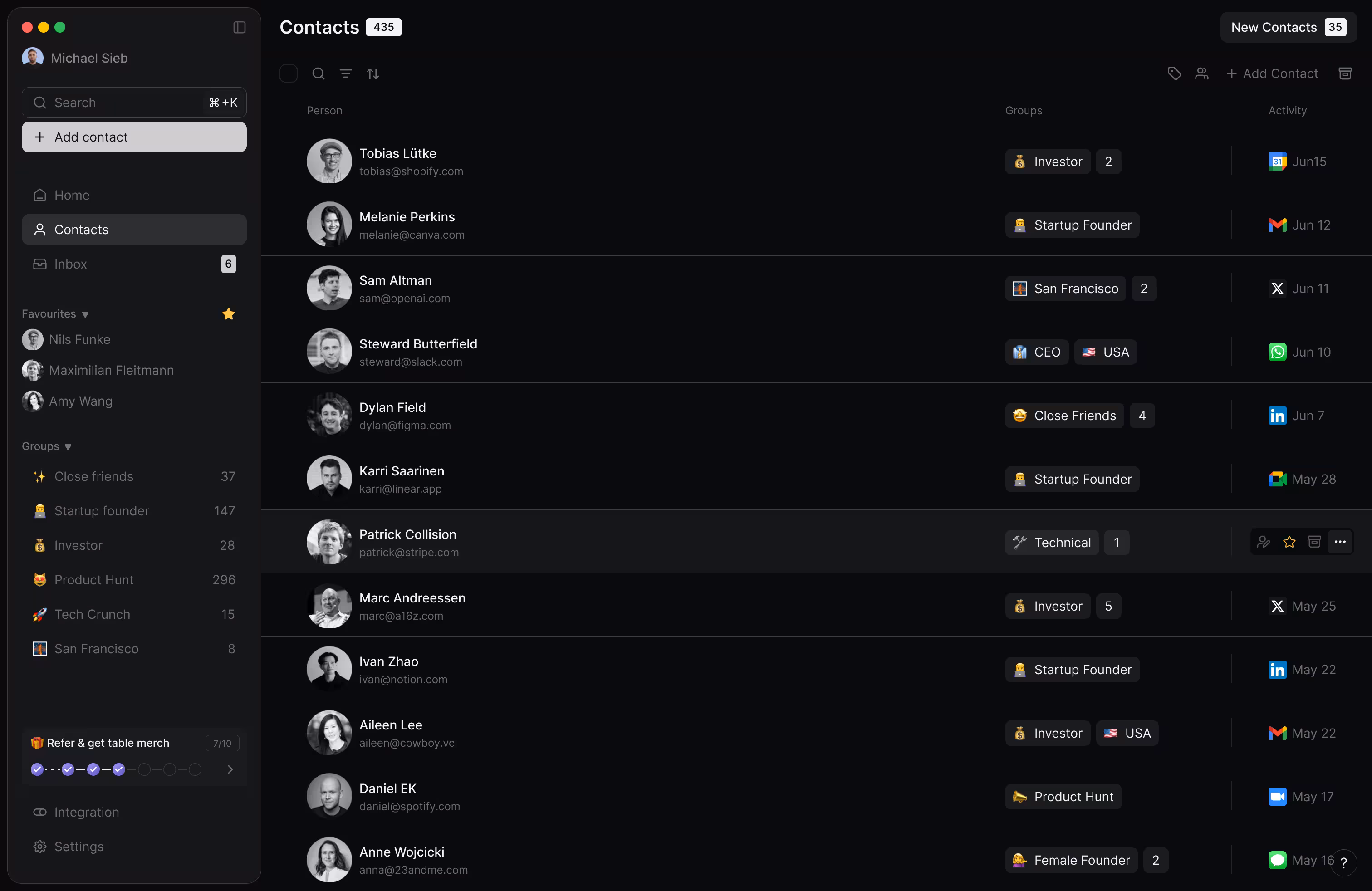 table contacts view